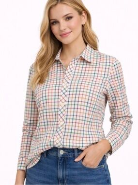 Talbots Multicolored Gingham Check Pattern Button Down Cotton Top Size L